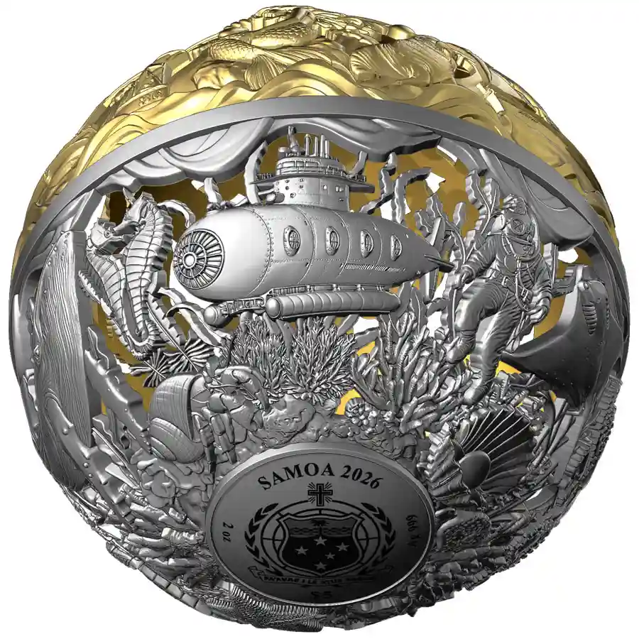 Nautical_sphere9 Reserve now at Art in Coins, the 2026 Samoa Land and Sea Filigree Spherical Silver Coin