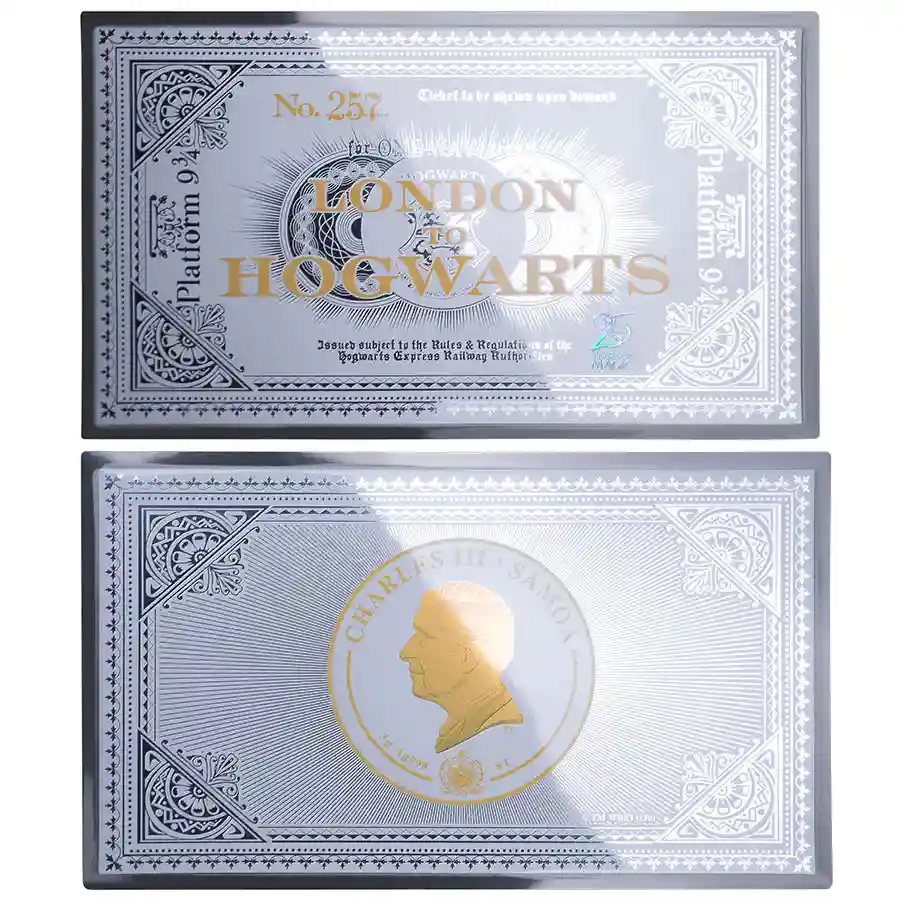 hogwarts-note Samoa 3 Gram Harry Potter Hogwarts Express Ticket Minted Silver Note