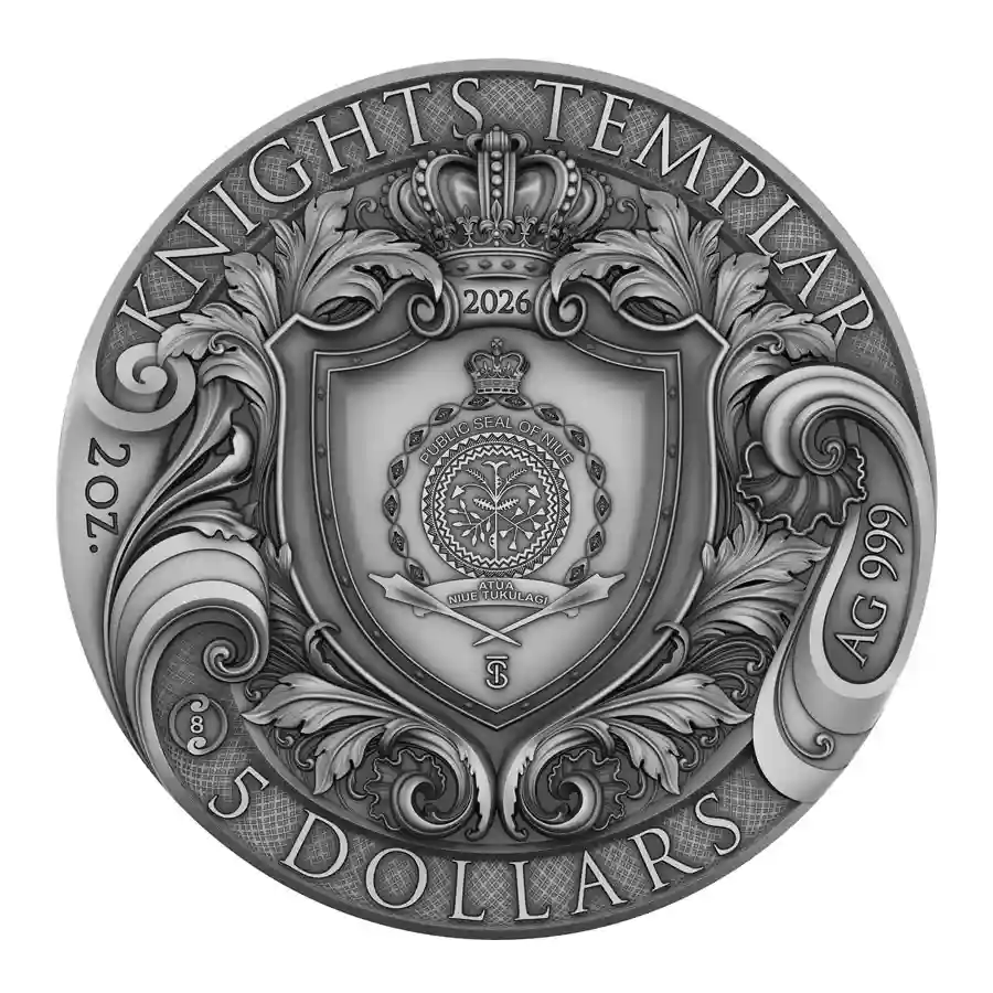 knights-obv 2026 Niue 2 oz Knights Templar High Relief Color Antique Finish Silver Coin
