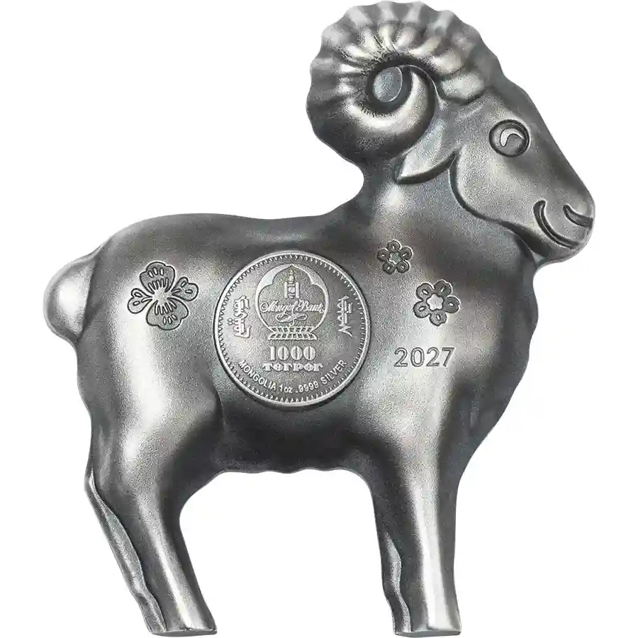sheep-ag-obv 2027 Mongolia 1 oz Lunar Year Fluffy Sheep Sculptured Silver Coin