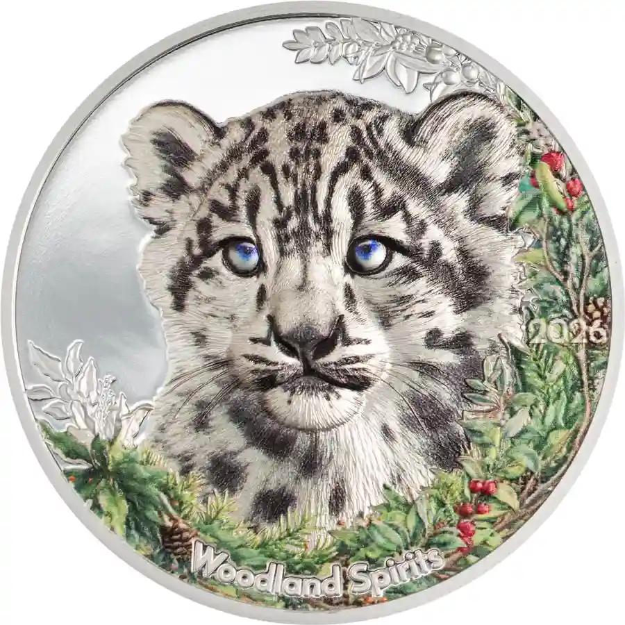 snow-leopard-rev 2026 Mongolia 1 Ounce Woodland Spirits Snow Leopard High Relief Silver Coin