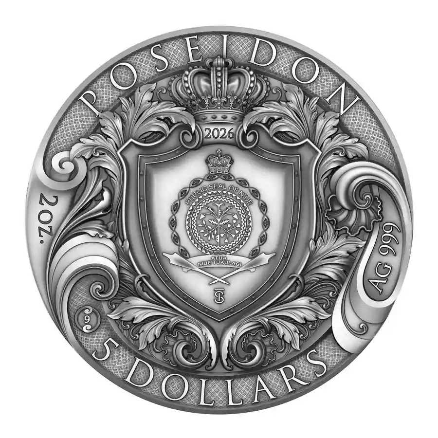 poseidon-obv 2026 Niue 2 oz Poseidon High Relief Color Antique Finish Silver Coin