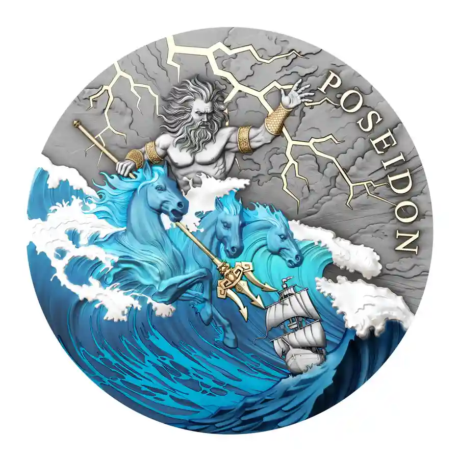 poseidon-rev 2026 Niue 2 Ounce Poseidon High Relief Color Antique Finish Silver Coin