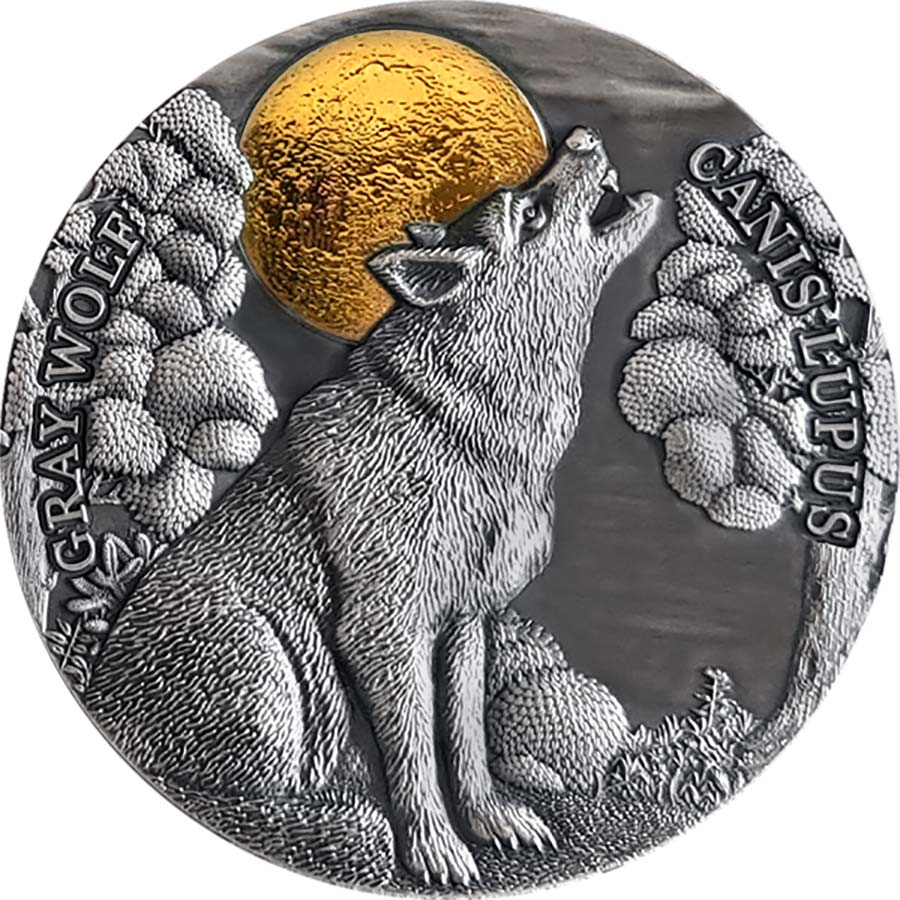 2020 Niue 2 Ounce Gray Wolf High Relief Gilded Antique Finish Silver Coin 2020 Niue 2 Ounce Gray Wolf High Relief Gilded Antique Finish Silver Coin