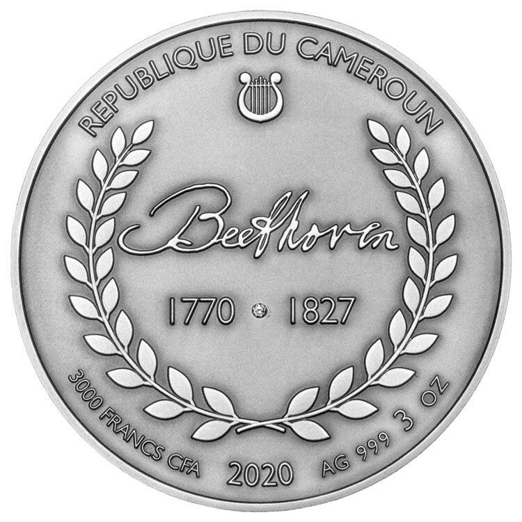 2020 Cameroon 3 Ounce Beethoven 250th Anniversary Ultra High Relief Diamond Inset Silver Coin 2020 Cameroon 3 Ounce Beethoven 250th Anniversary Ultra High Relief Diamond Inset Silver Coin
