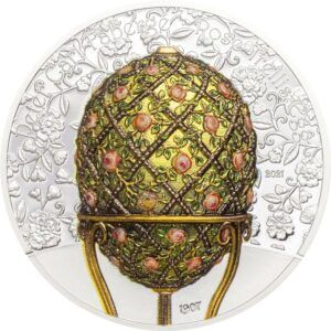 2021 Mongolia 2 Ounce Peter Carl Faberge Rose Trellis Egg Silver Coin