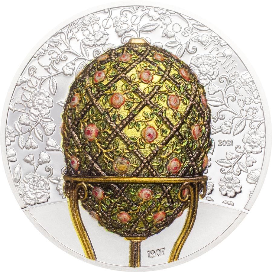 2021 Mongolia 2 Ounce Peter Carl Faberge Rose Trellis Egg