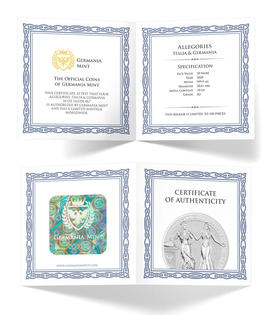 2020 Germania 10 Ounce Allegories Italia and Germania 50 Marks Silver Round 2020 Germania 10 Ounce Allegories Italia and Germania 50 Marks Silver Round