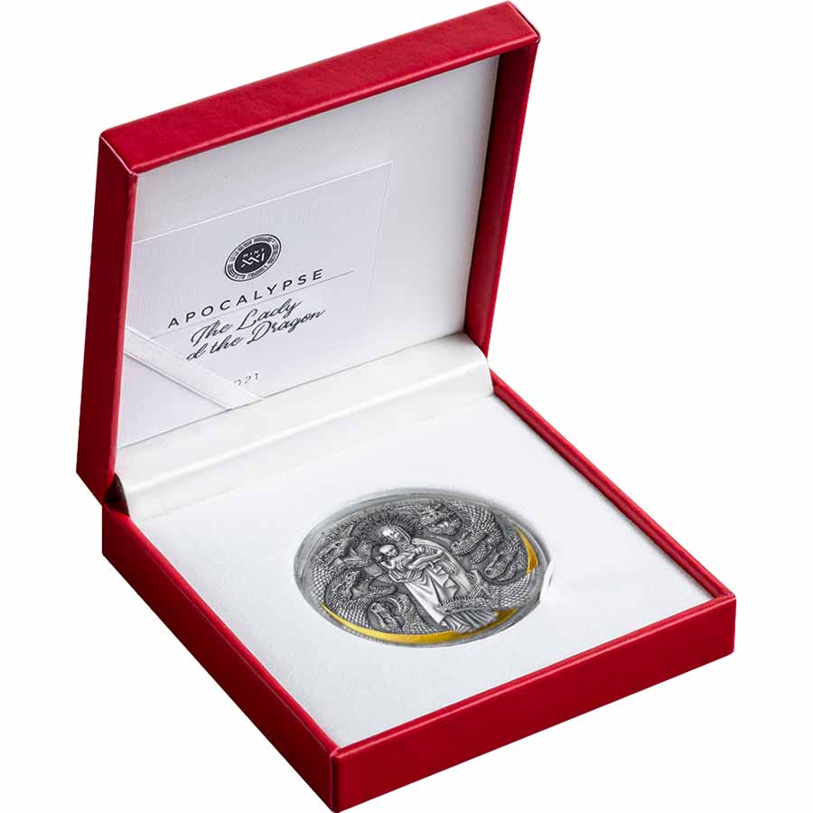 2021 Cameroon 3 Ounce Apocalypse Lady & the Dragon High Relief Gilded Silver Coin 2021 Cameroon 3 Ounce Apocalypse Lady & the Dragon High Relief Gilded Silver Coin