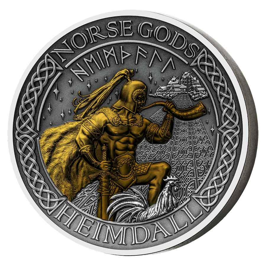 2022 Cook Islands 2 Ounce Norse Gods Heimdall High Relief Gold Plated Antique Finish Silver Coin 2022 Cook Islands 2 Ounce Norse Gods Heimdall High Relief Gold Plated Antique Finish Silver Coin