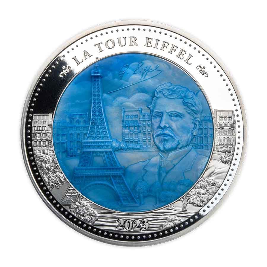 23_MoP_Gustave_Eiffel-RV 2023 Cook Islands 5 Ounce Gustave Eiffel Mother of Pearl Silver Proof Coin