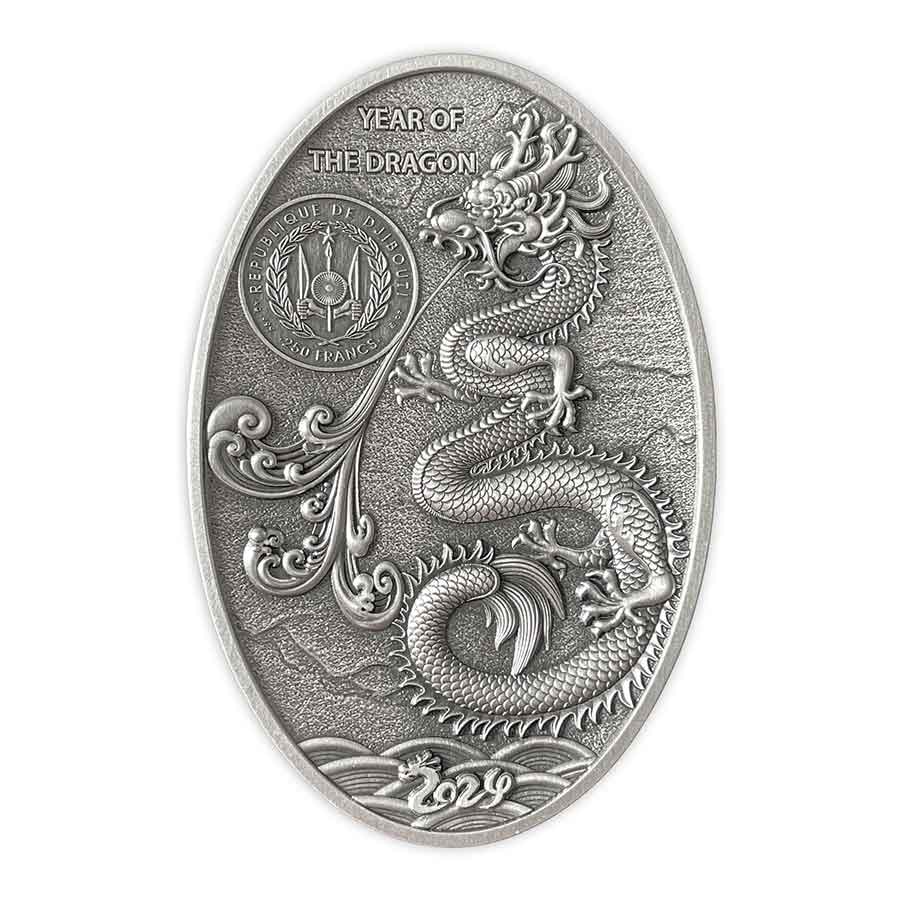 5oz-Dragon-Egg-Box-obv_v1 2024 Djibouti 5 Ounce Dragon Egg 3D Shaped Antiqued Silver Coin