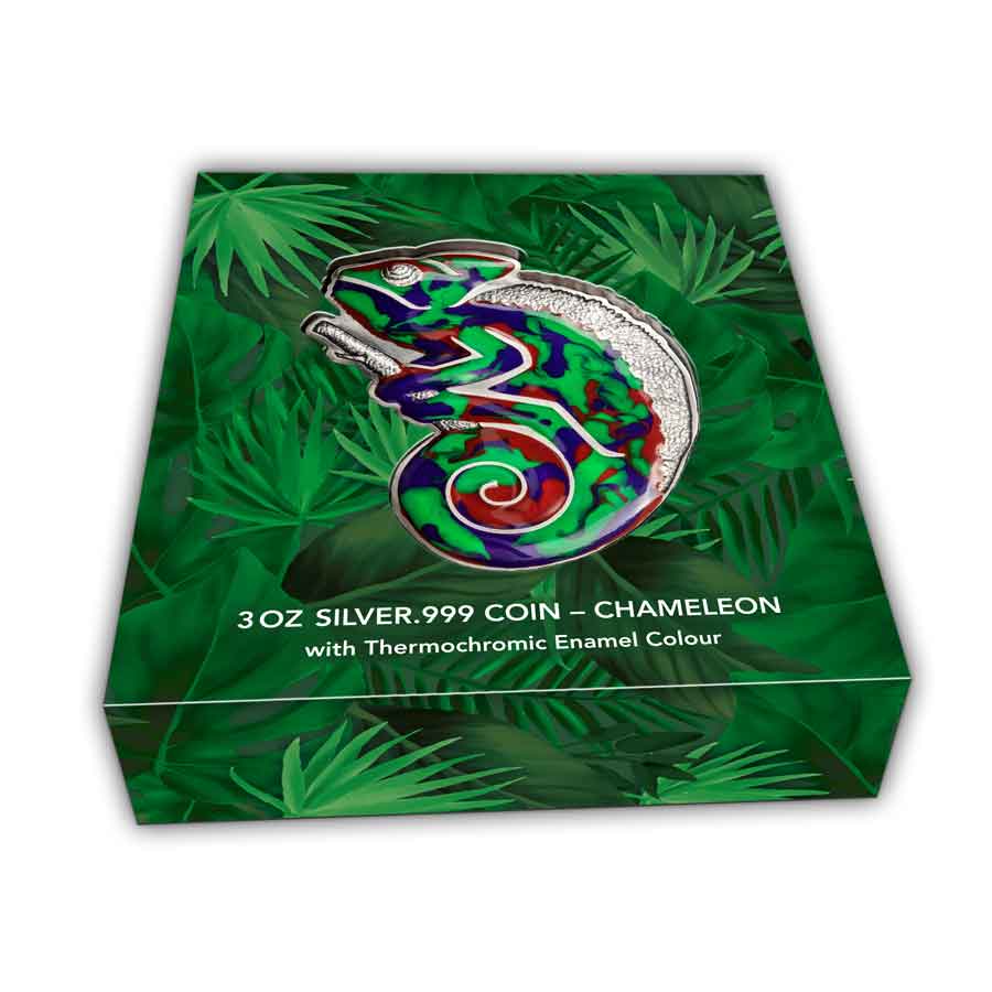 Chameleon-Box 2023 Barbados 3 Ounce Shift of Color Chameleon Enamel Silver Coin