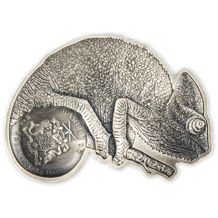 Chameleon-Obv 2023 Barbados 3 oz Shift of Color Chameleon Enamel Silver Coin