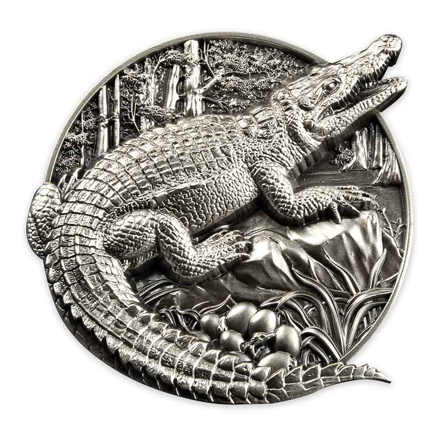 Crocodile-Rev 2023 Burundi 5 Ounce Protecting Wildlife Crocodile Ultra High Relief Silver Coin