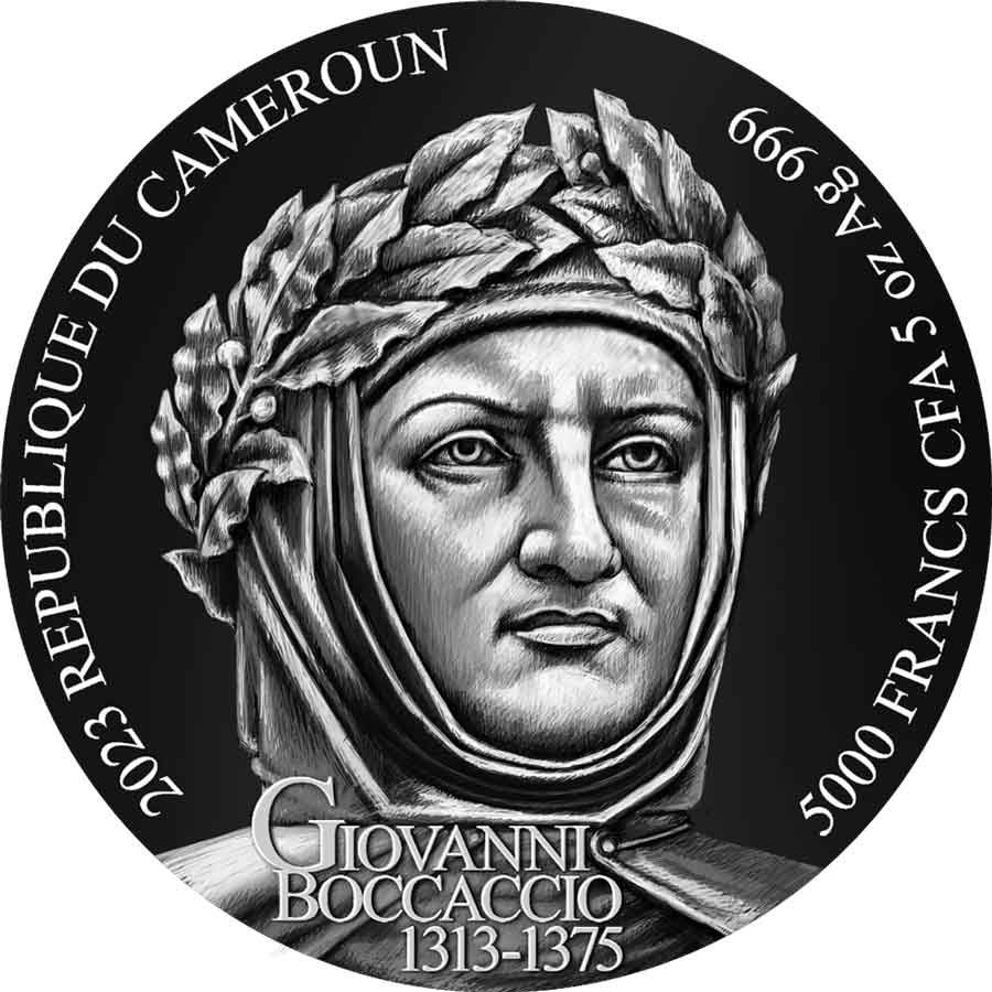 The-Decameron_obv_1000x1000 2023 Cameroon 5 oz The Decameron High Relief Silver Coin