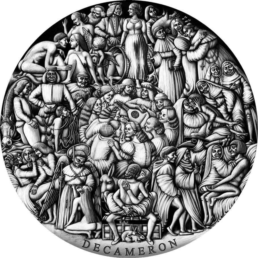 The-Decameron_rev_1000x1000 2023 Cameroon 5 Ounce The Decameron High Relief Antique Finish Silver Coin