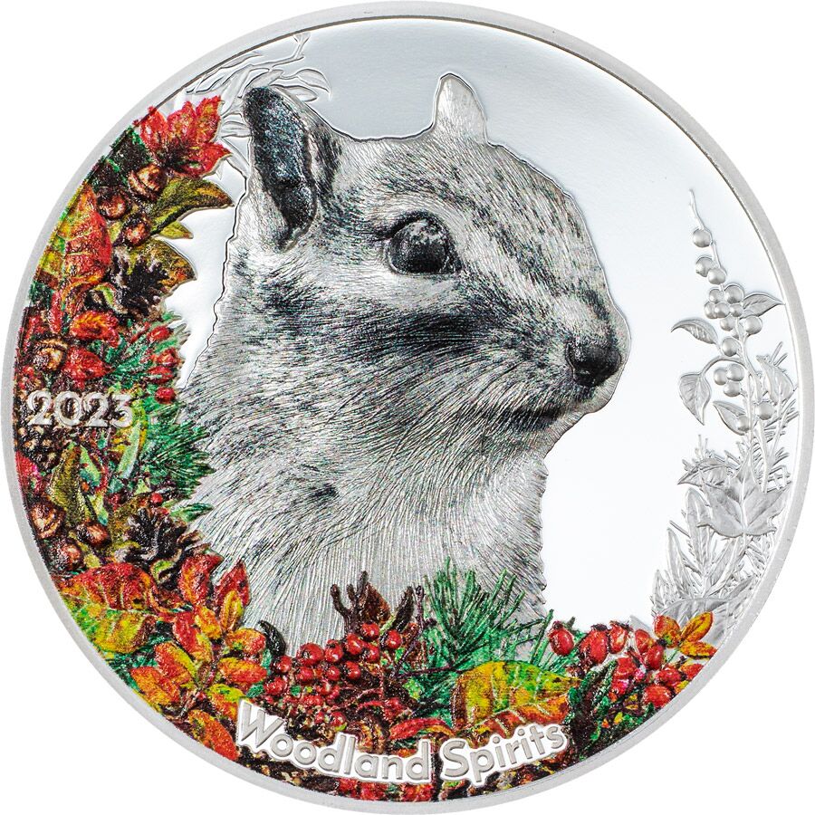 30217_Woodland-Spirits---Chipmunk_r 2023 Mongolia 1 Ounce Woodland Spirits Chipmunk High Relief Colored Silver Proof Coin