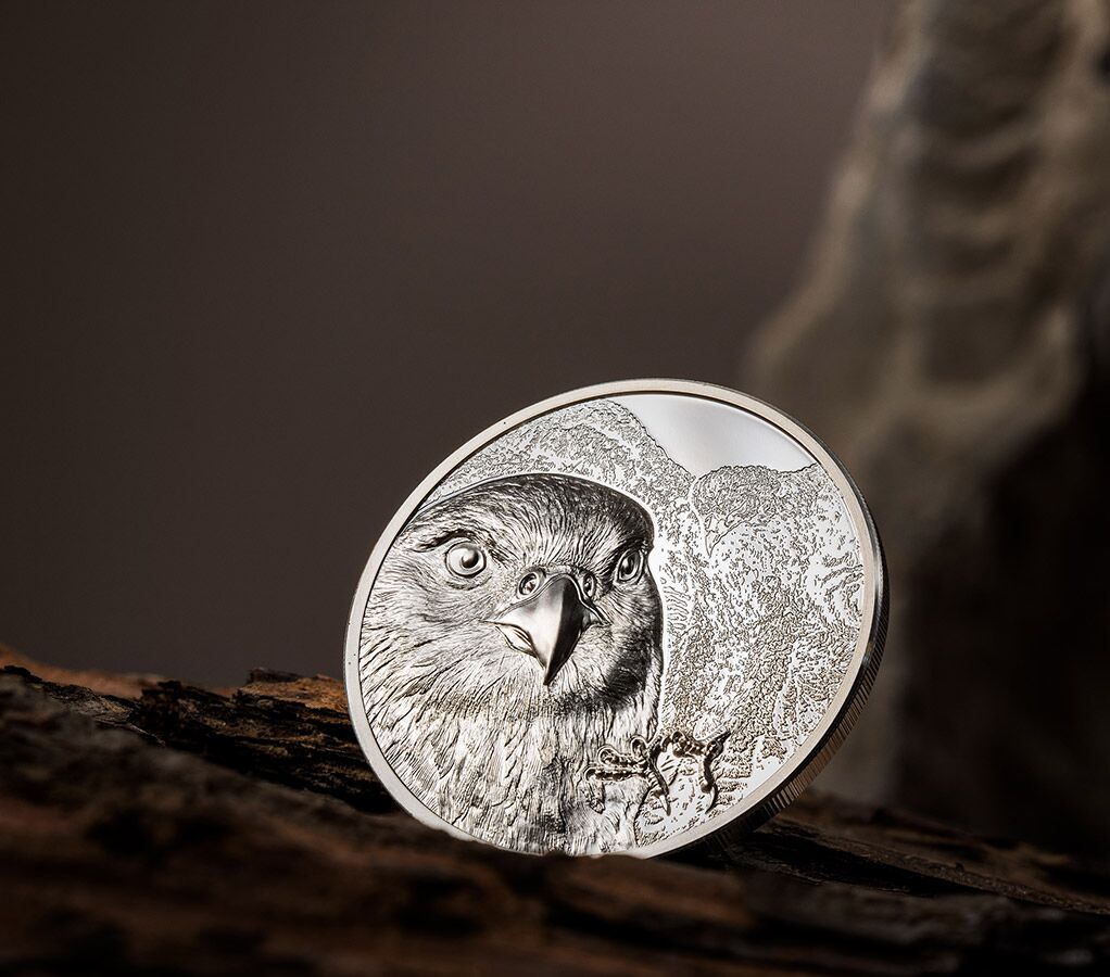 30288_Mongolian-Falcon-Silver-1oz_s1 2023 Saker Falcon 1 oz Ultra High Relief Silver Proof Coin