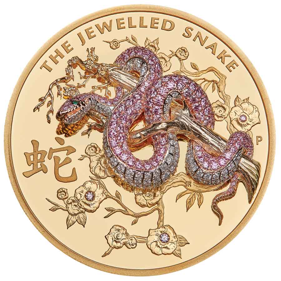 02-The-Jewelled-Snake-10oz-Gold-Proof-Coin-StraightOn-HighRes 2023 Australia 10 Ounce Jewelled Snake Pave Diamond Gold Proof Coin