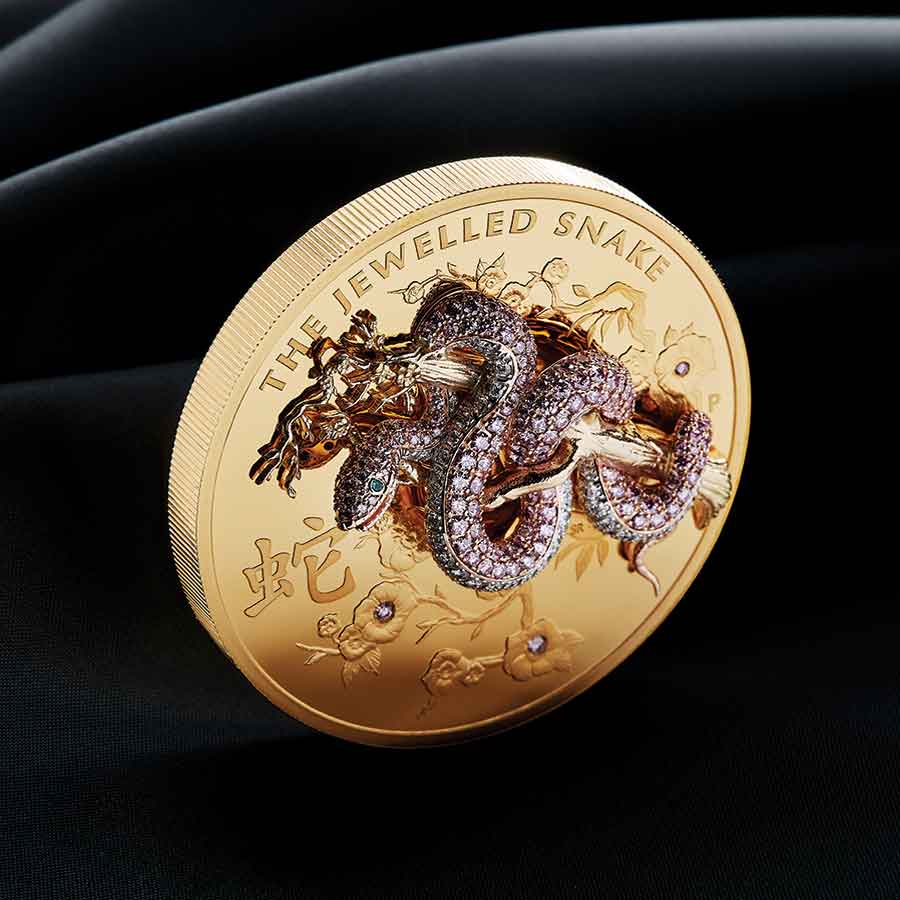 11-The-Jewelled-Snake-10oz-Gold-Proof-Coin-Stood-Up-Mood1-HighRes 2023 Jewelled Snake Pave Pink Diamond Gold Proof Coin
