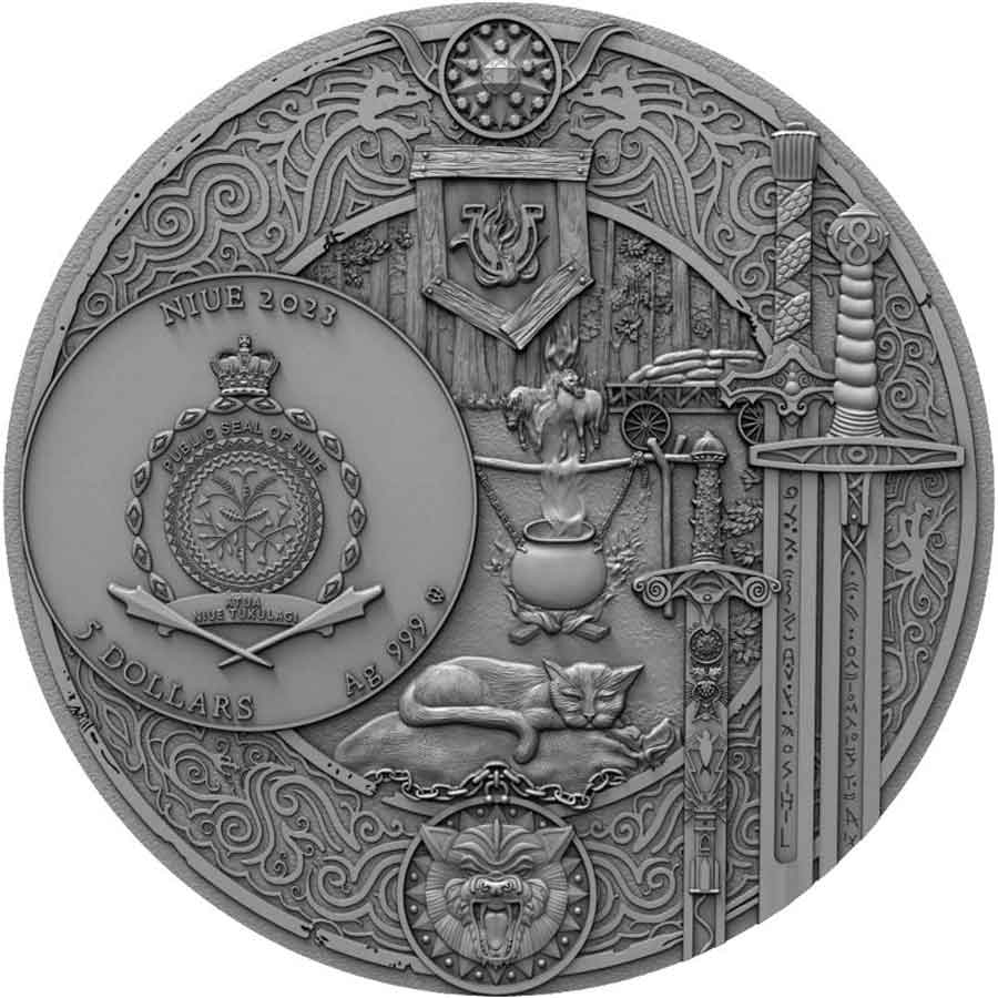 18736-(1) 2023 Niue 2 oz Witcher Baptism of Fire High Relief Gilded Silver Coin