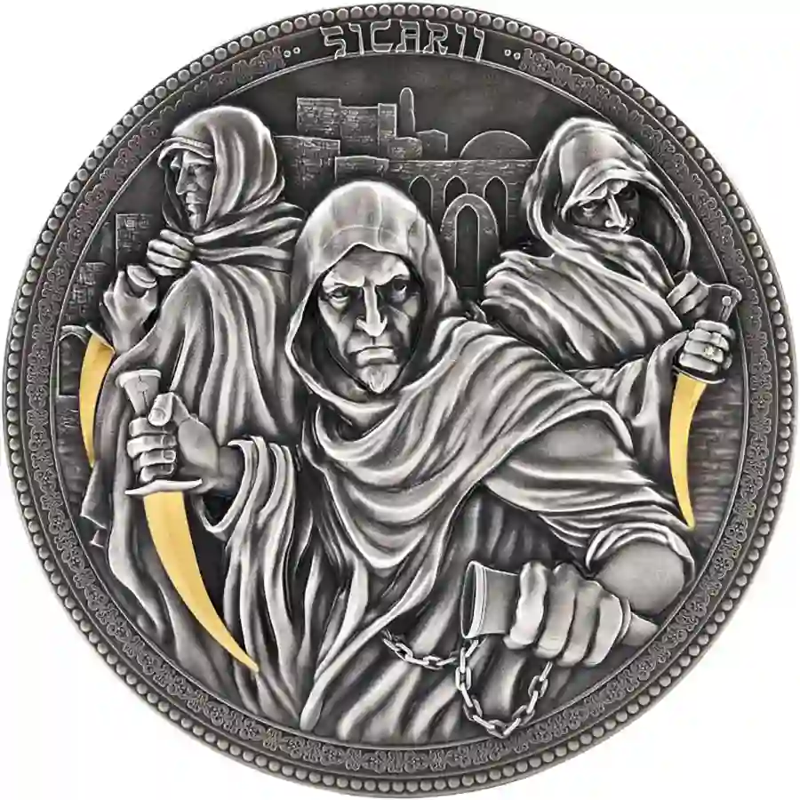 18969 2022 Niue 2 Ounce Sicarii Assassins HR Gilded Antique Finish Silver Coin