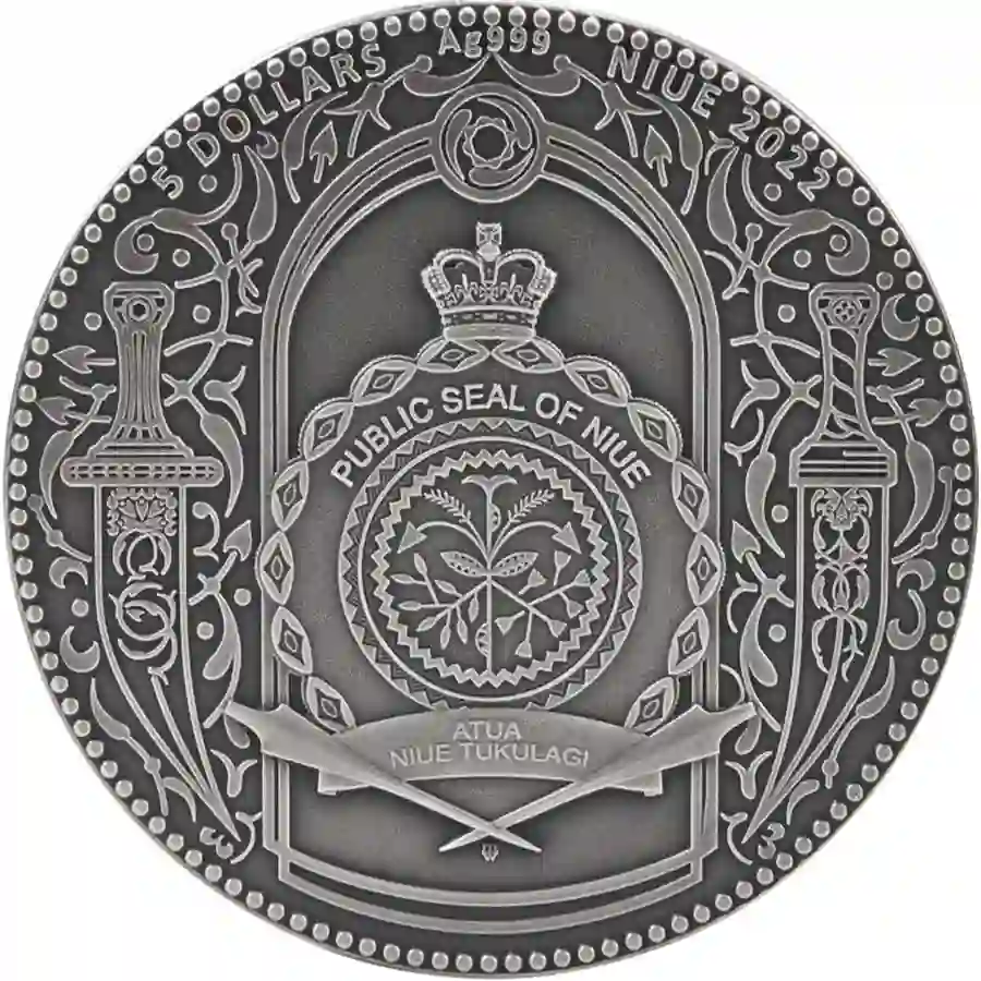 18970 2022 Niue 2 oz Sicarii Assassins High Relief Gilded Antique Finish Silver Coin
