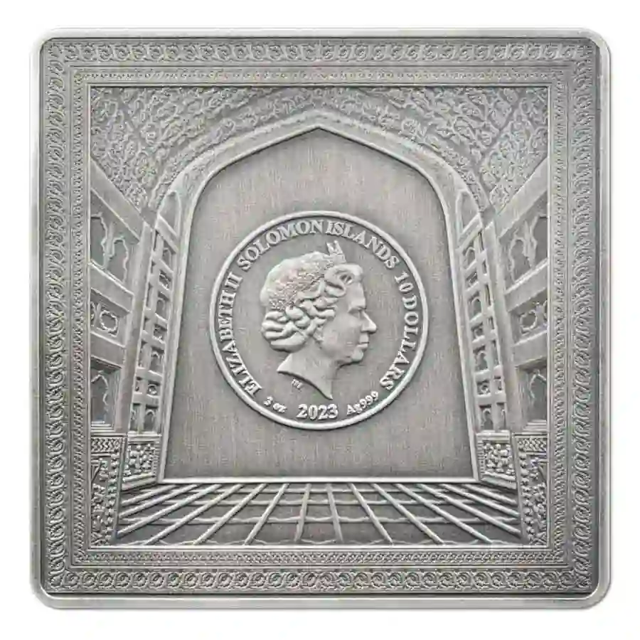 23_Taj-Mahal_AF_OV 2023 Solomon Islands 3 oz Taj Mahal Enamel Antique Finish Silver Coin