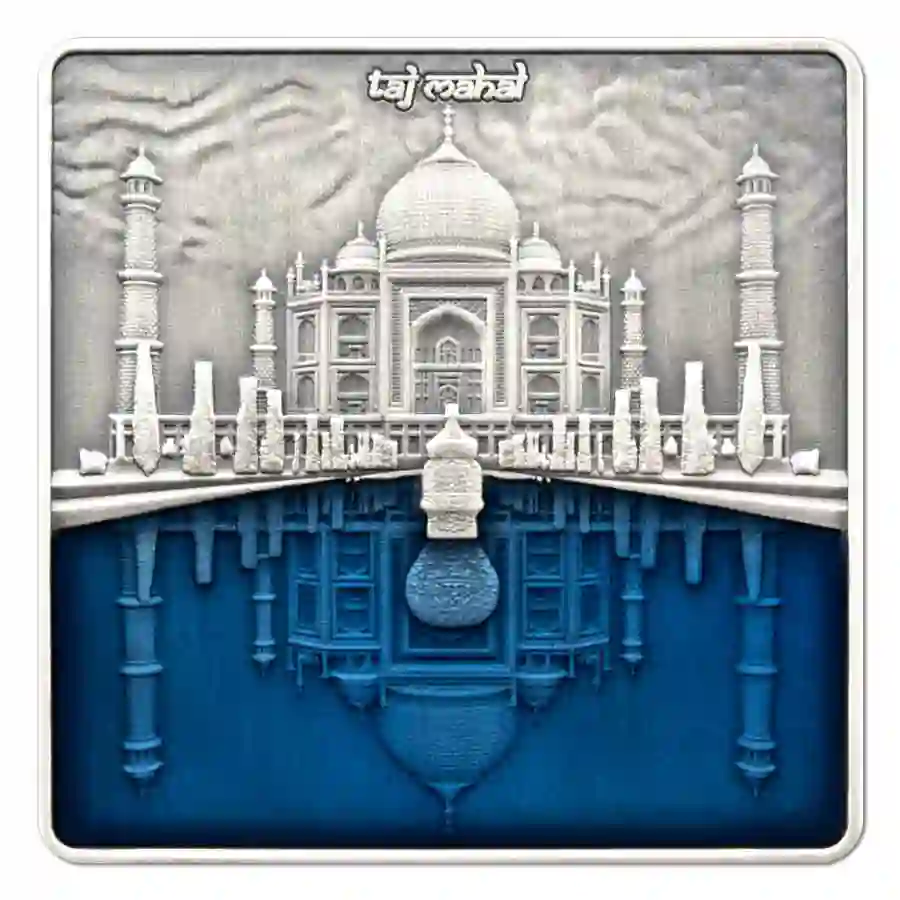 23_Taj-Mahal_AF_RV 2023 Solomon Islands 3 Ounce Taj Mahal Enamel Antique Finish Silver Coin