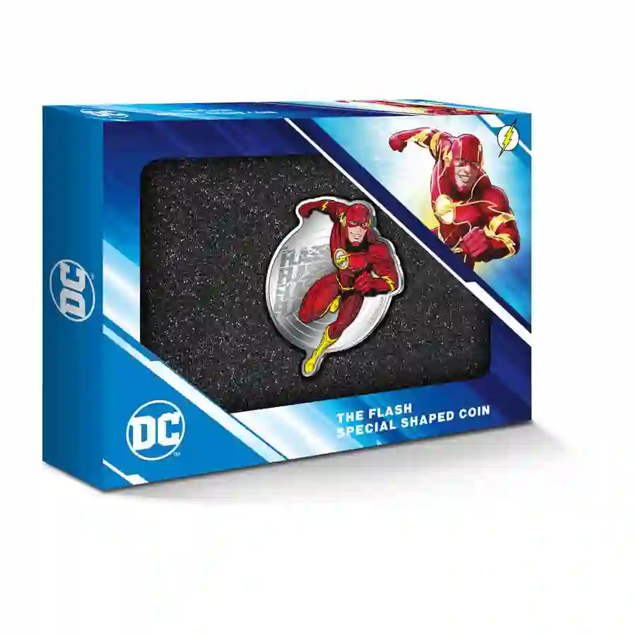 TheFlash_ShapeCoin_Packaging 2023 Barbados 5 Ounce The Flash DC Comics Shaped Proof-like Silver Coin