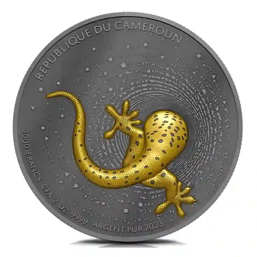 gecko-dark-gilded-obv 2023 Cameroon Gecko Dark Gilded 2 oz Silver Proof Coin