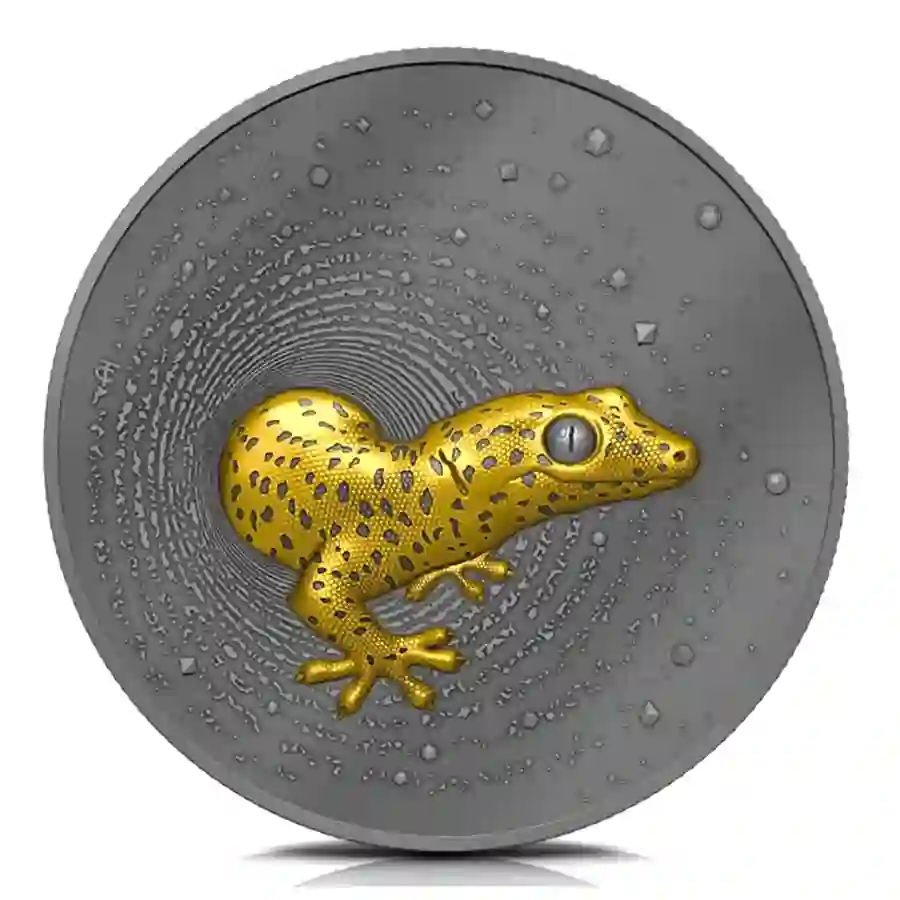 gecko-dark-gilded-rev 2023 Cameroon 2 Ounce Gecko Dark Gilded Silver Proof Coin