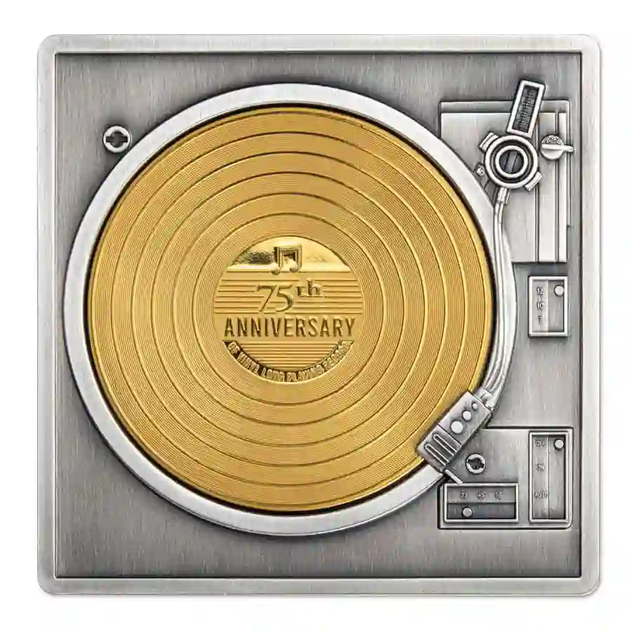 record-rev 2023 Barbados 3 Ounce 75th Anniversary Vinyl Record Gold Plated Silver Coin