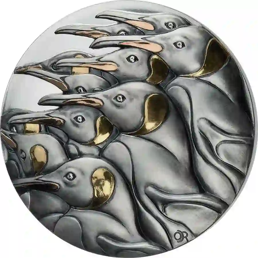 1099821_deGreef_PatternsOfNature_10000Francs_Benin_Pinguin_2023_R_av 2022 Benin 1 Kilogram Patterns of Nature Majestic March Gilded Silver Coin