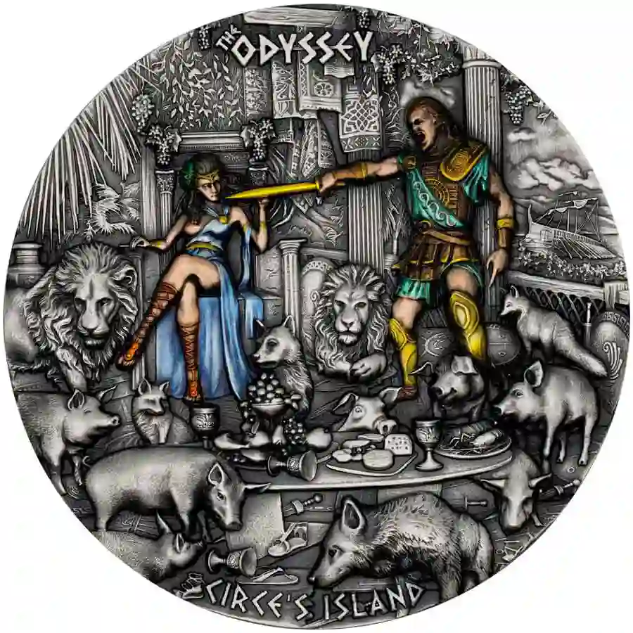 Reverse 2023 Niue 3 Ounce Odyssey Circe's Island Ultra High Relief UV Color Silver Coin