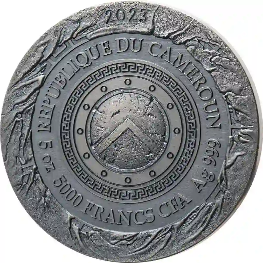 1134214_-GC_Leonidas_rv 2023 Cameroon 5 oz Leonidas High Relief Antique Finish Silver Coin