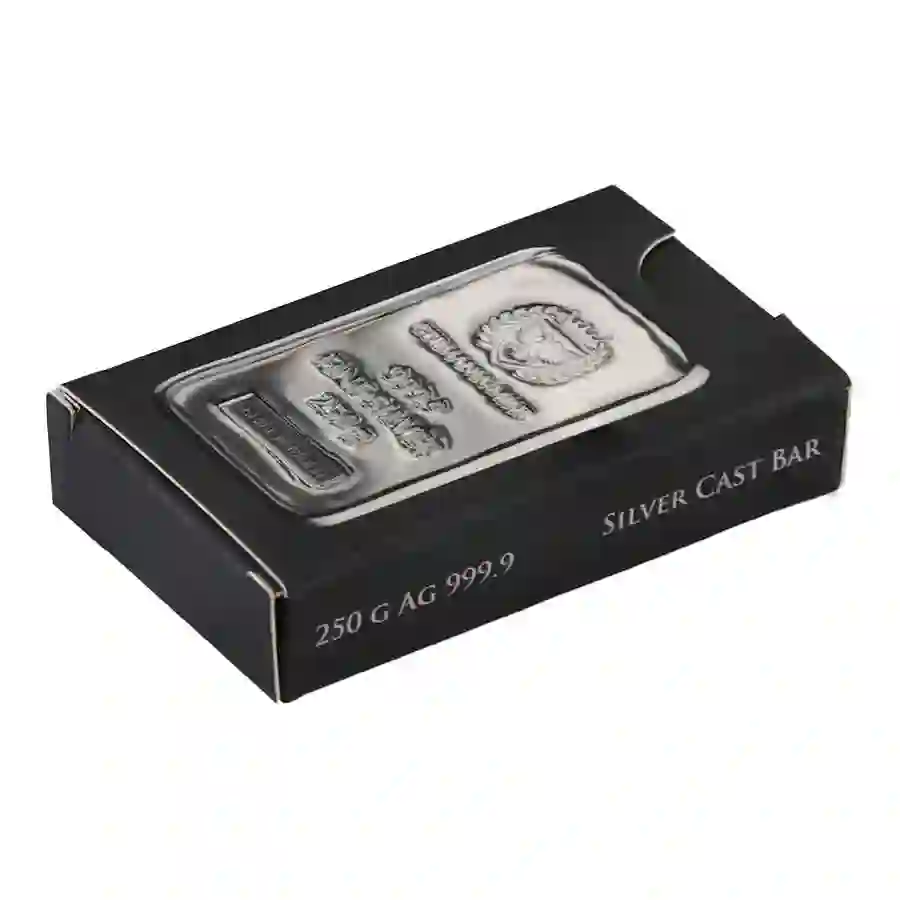 250-box-top Germania 250 Gram Silver Cast Bar
