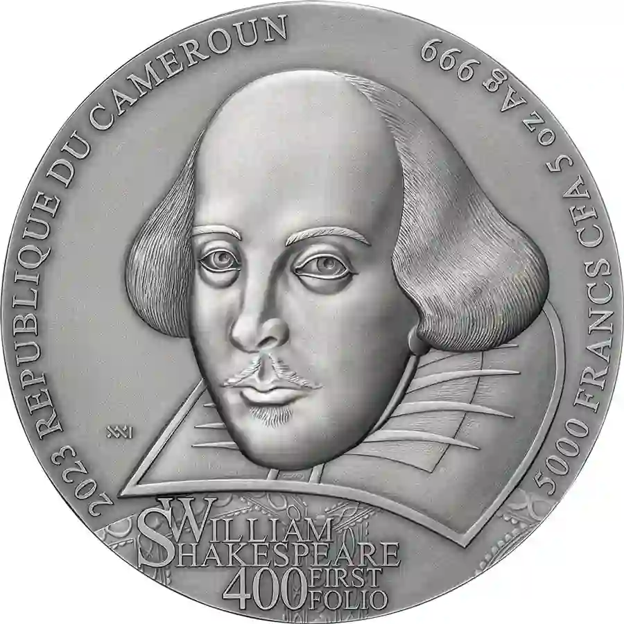 William-Shakespeare-First-Folio_obv_1000x1000 2023 Cameroon 5 oz William Shakespeare First Folio High Relief Silver Coin