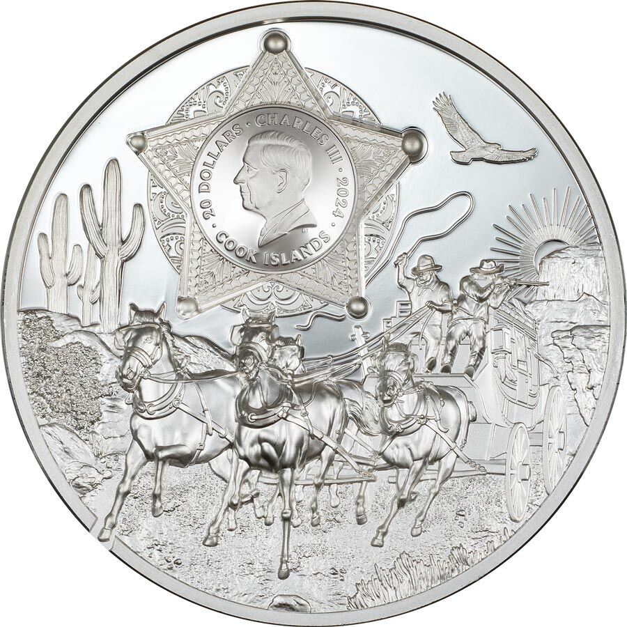 30522_Wild-West-Silver-3oz_o 2024 Cook Islands 3 oz Legends Wild West Ultra High Relief Silver Proof Coin