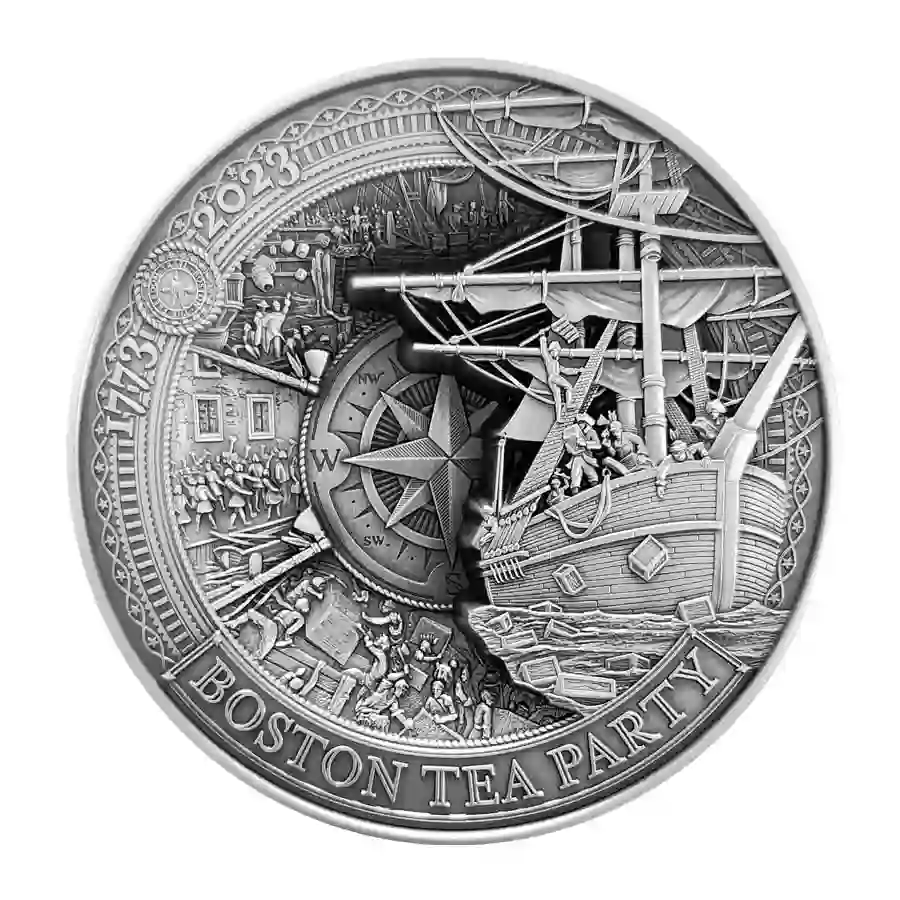 Boston_Tea_Party_RV 2023 Barbados 250 Gram Multilayer Boston Tea Party High Relief Silver Coin