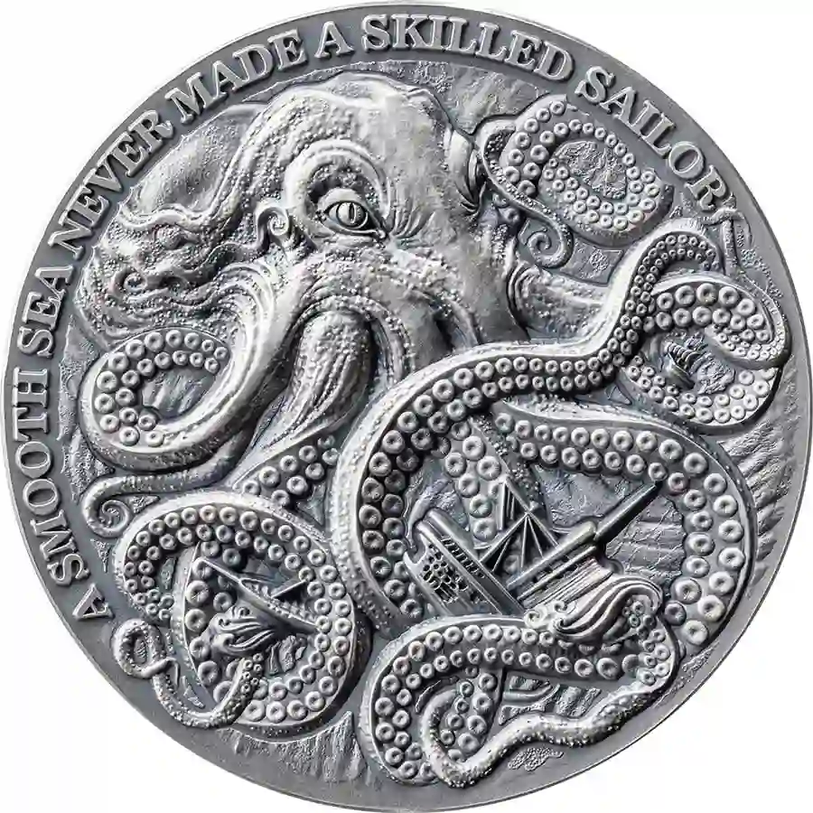 LQ_Kraken_rev_1000x1000 2024 Ghana 1 Ounce Life Quotes Kraken High Relief Antique Finish Silver Coin