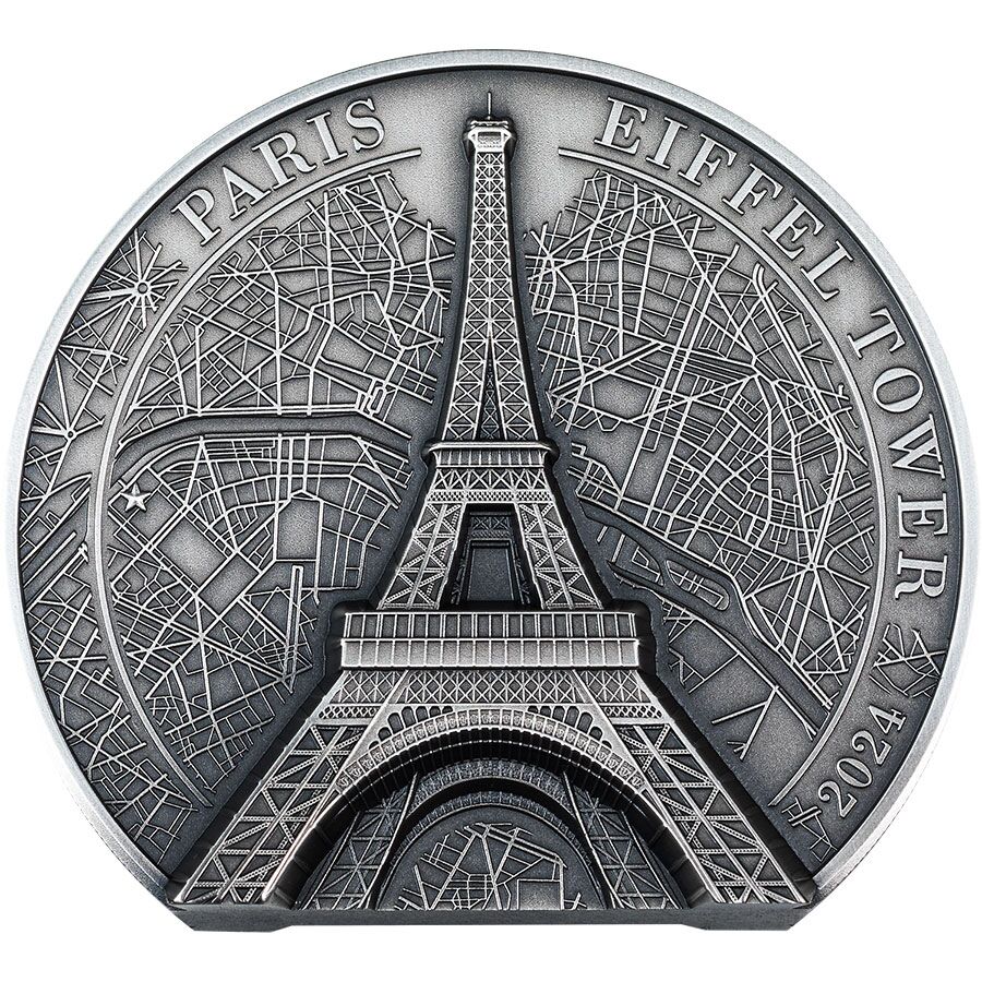 Tower-5-oz-rev 2024 Cook Islands 5 Ounce Eiffel Tower Ultra High Relief Silver Coin