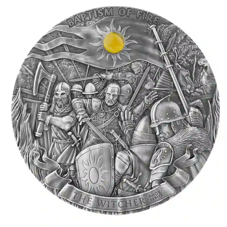 baptism-rev 2023 Niue 1 Kilogram Witcher Baptism of Fire High Relief Agate Insert Silver Coin