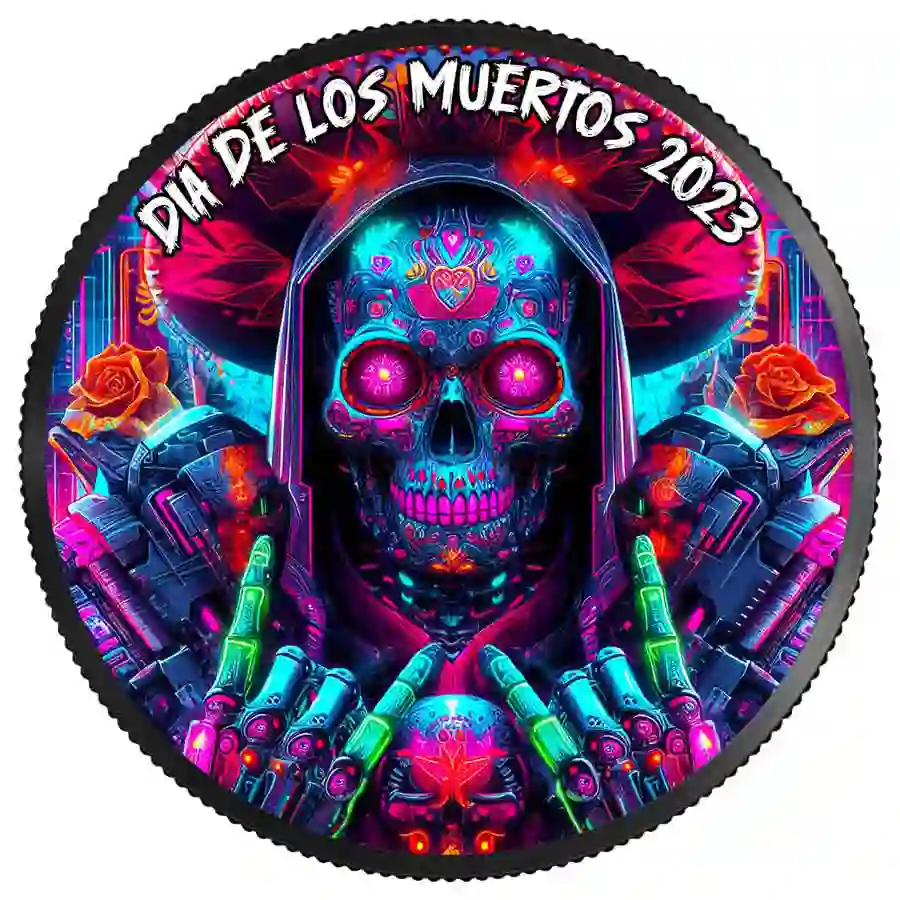 Muertos-2023_obverse 2023 Mexico 1 Ounce Cyberpunk Dia de los Muertos Ruthenium Silver Coin