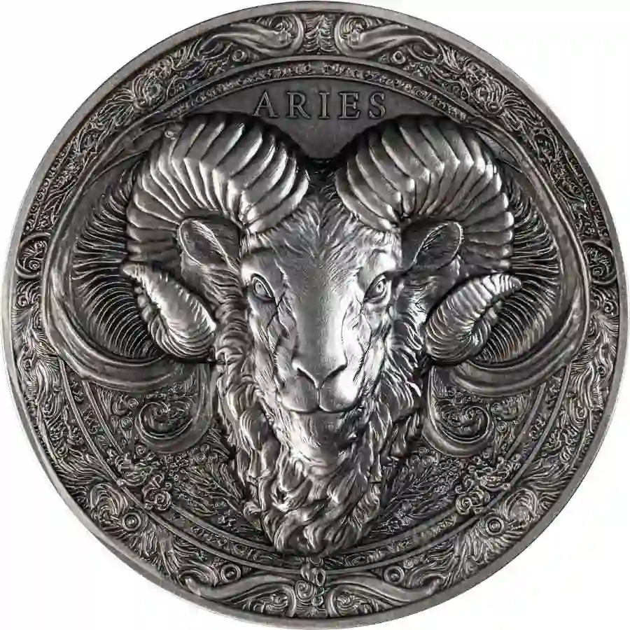 Obverse-Aries-Niue 2024 Niue 5 Ounce Aries UV Color High Relief Antique Finish Silver Coin
