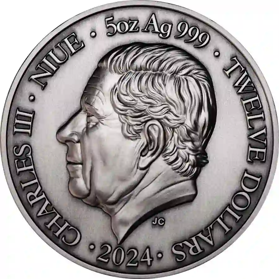 Reverse-Taurus-Niue 2024 Niue 5 oz Taurus UV Color High Relief Antique Finish Silver Coin
