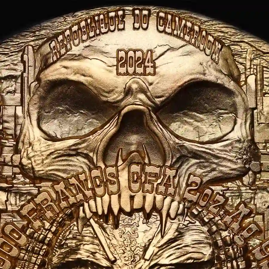 Detailed-Shot-Behemoth-Cameroun-Gold-Gilded-5 2024 Cameroon Behemoth High Relief 24K Gilded Silver Coin