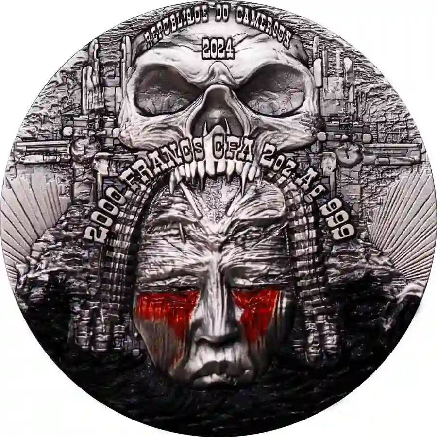 Obverse-Behemoth-Cameroun-Antique-with-colour 2024 Cameroon 2 oz Behemoth High Relief Color Antique Finish Silver Coin