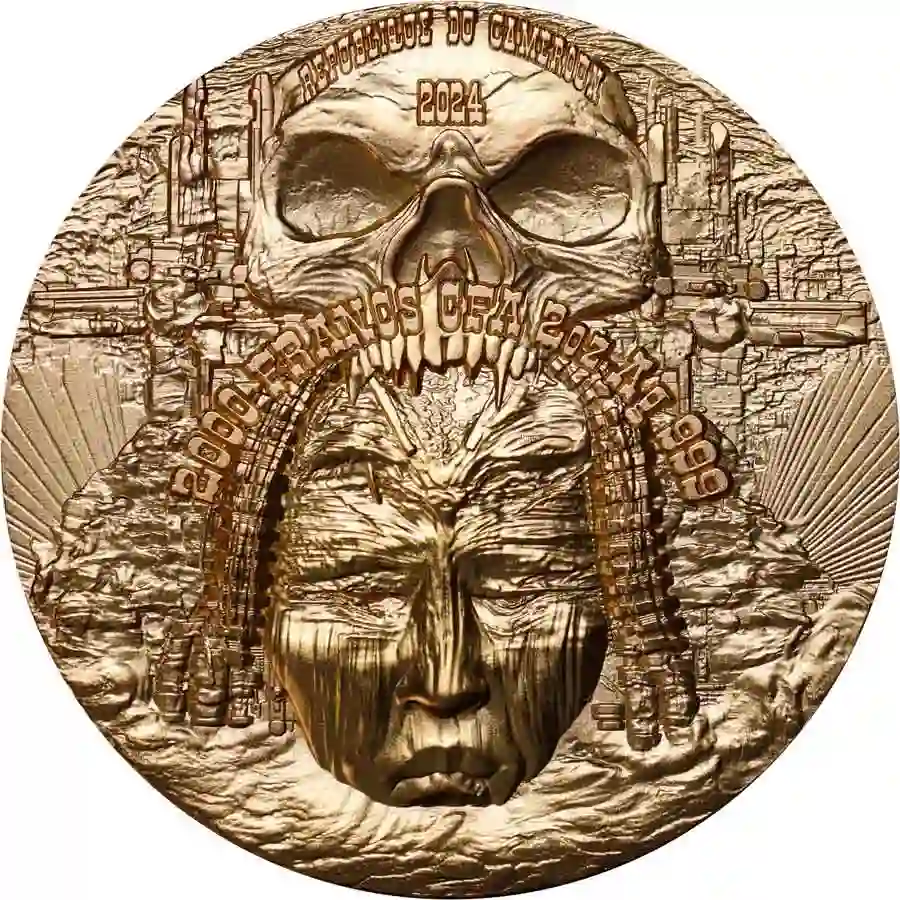 Obverse-Behemoth-Gold-Glided 2024 Cameroon 2 oz Behemoth High Relief 24K Gilded Silver Coin